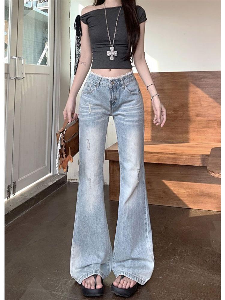 

Ретро Джинсы Микроклеш с Кружевной Отделкой Женские Прямые Повседневные Брюки Микроклеш с Низкой Посадкой Джинсы для Женщин Длинные Джинсовые Брюки 4XL