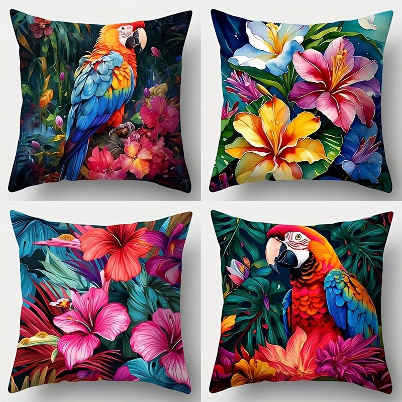 Ensemble de 4 taies d'oreiller colorées à motif perroquet et floral, adapté pour la décoration de chambre, de chambre à coucher et de canapé (insert non inclus) 45x45cm