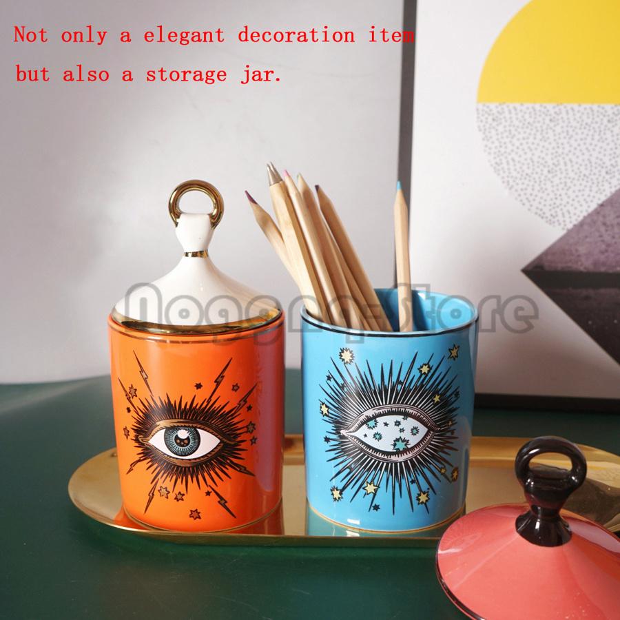 Lovely Big Eyes Starry Sky Ceramic Candle Holder With Lid Aromatherapy Jar Candlestick Gold Tray Home Ornament Arts Crafts Decor