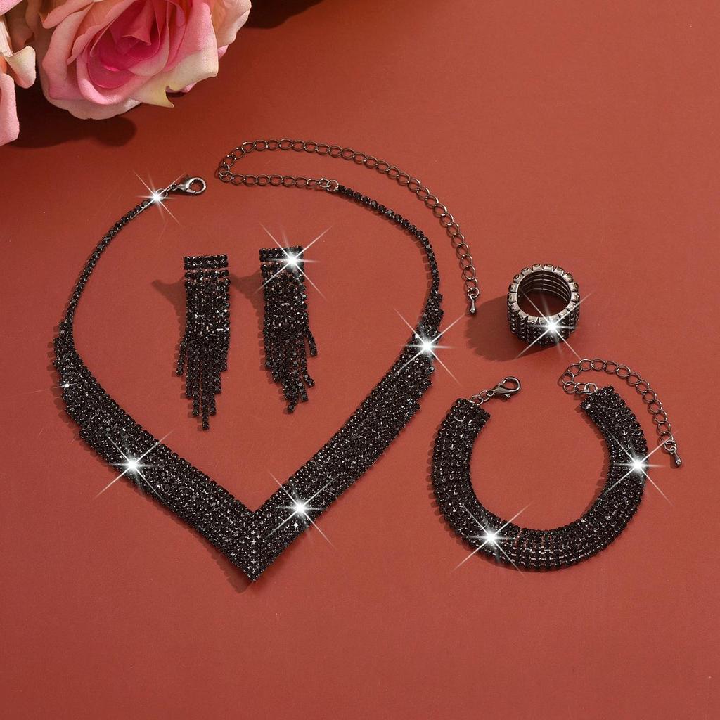 Luxury Diamond Jewelry Set: Shimmering Necklace, Tassel Earrings, Bracelet, and Ring for Brides