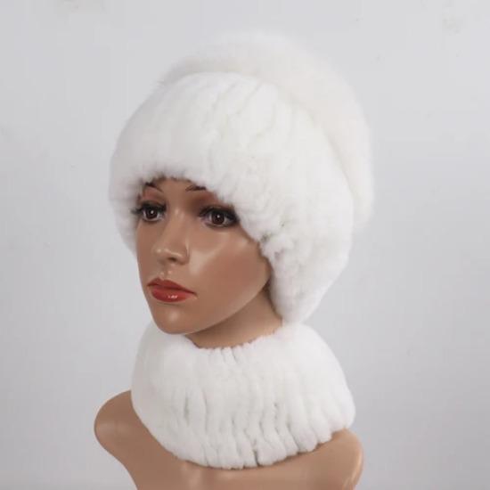 Women Winter Real Fur Hat Scarf 2 Pieces Knitted Rex Rabbit Fur Hat Top Natural Fox Fur Cap Scarves Sets Lady Warm Real Fur Caps