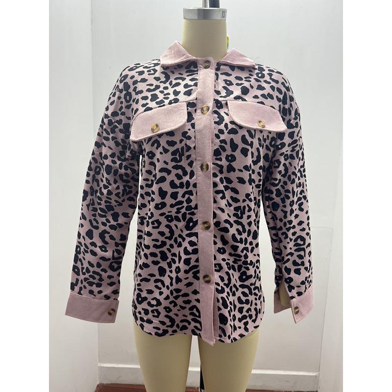 Plus Size Leopard Print Button-Up Jacket with Long Sleeves for Autumn/Winter
