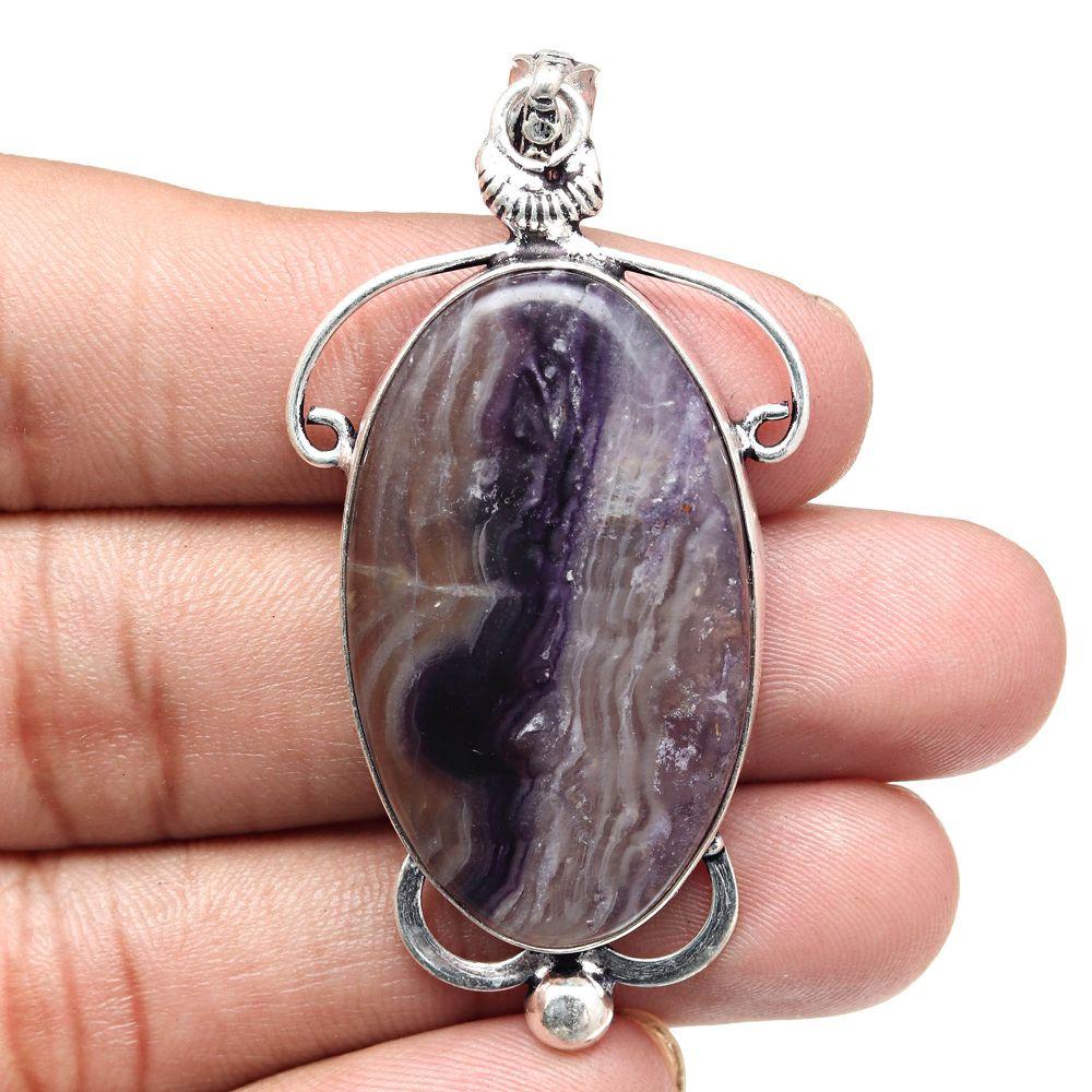 Necklace Fluorite Gemstone Handmade Gift For Her Silver Jewelry 2.5"
