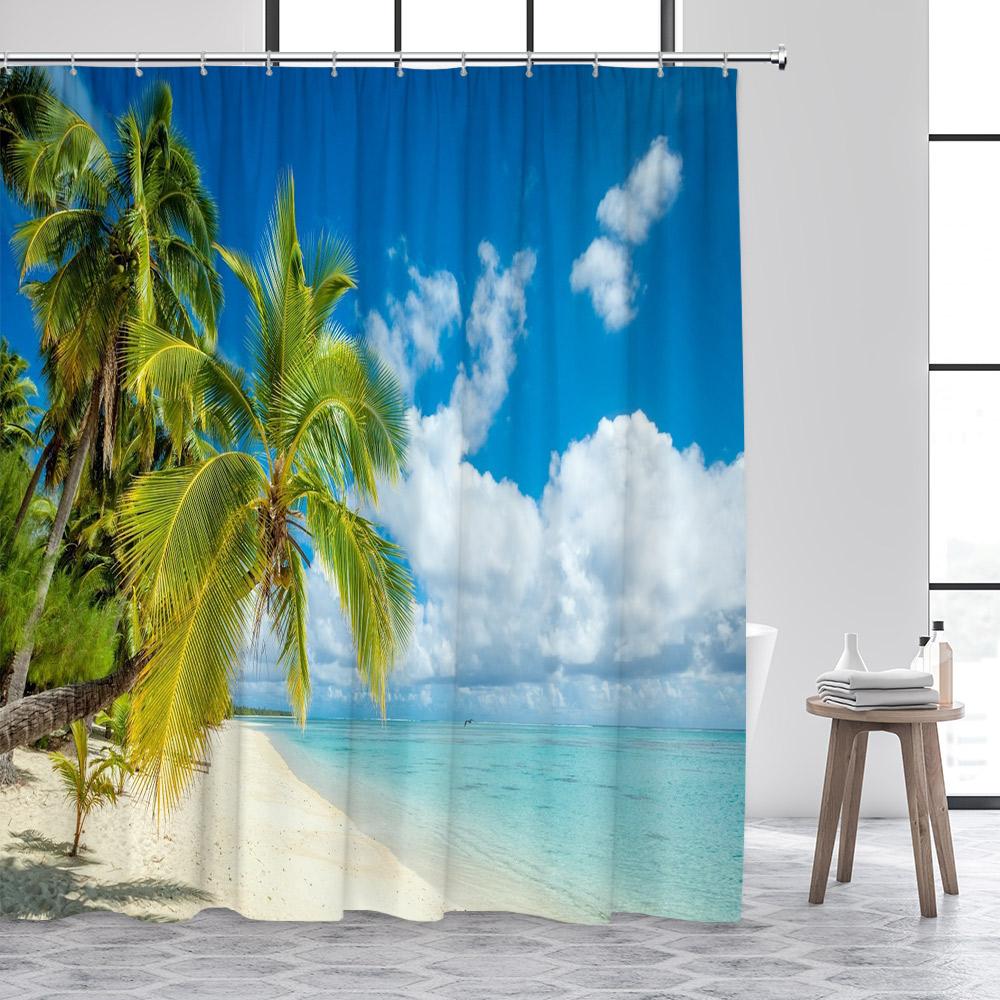 Strand Duschvorhänge Blaues Meer Insel Kokospalmen Tropisch Hawaii Natur Landschaft Badezimmervorhang Dekor mit Haken