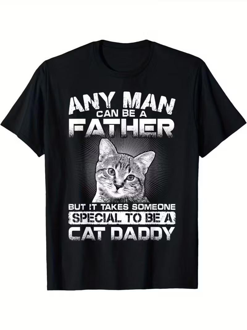 Men S Black T-Shirt Featuring a Humorous Cat Daddy Print, Designed with a Casu S