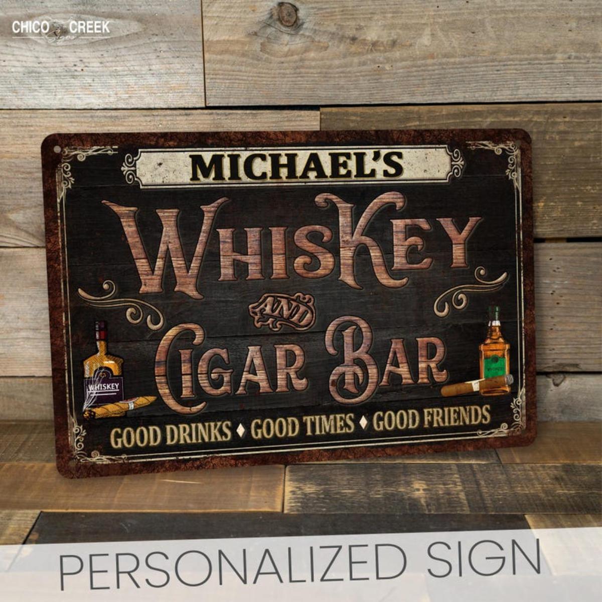 

Customizable Whiskey Cigar Bar Sign, Personalized Man Cave Decor, Fathers Day Gift For Dad червоний