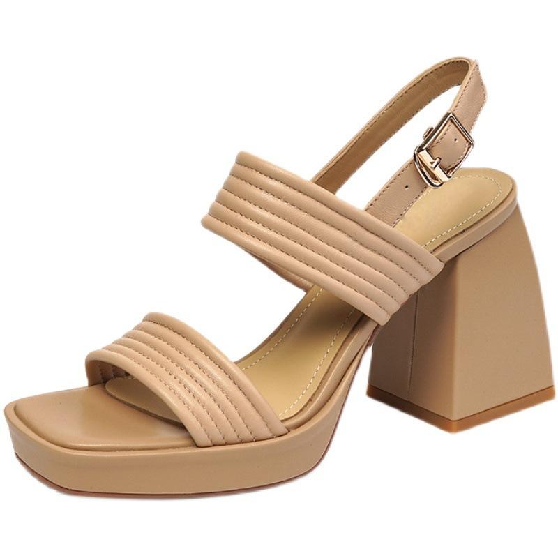 2025 new summer versatile soft leather retro word with waterproof table thick heel Roman sandals women's high heel shoes