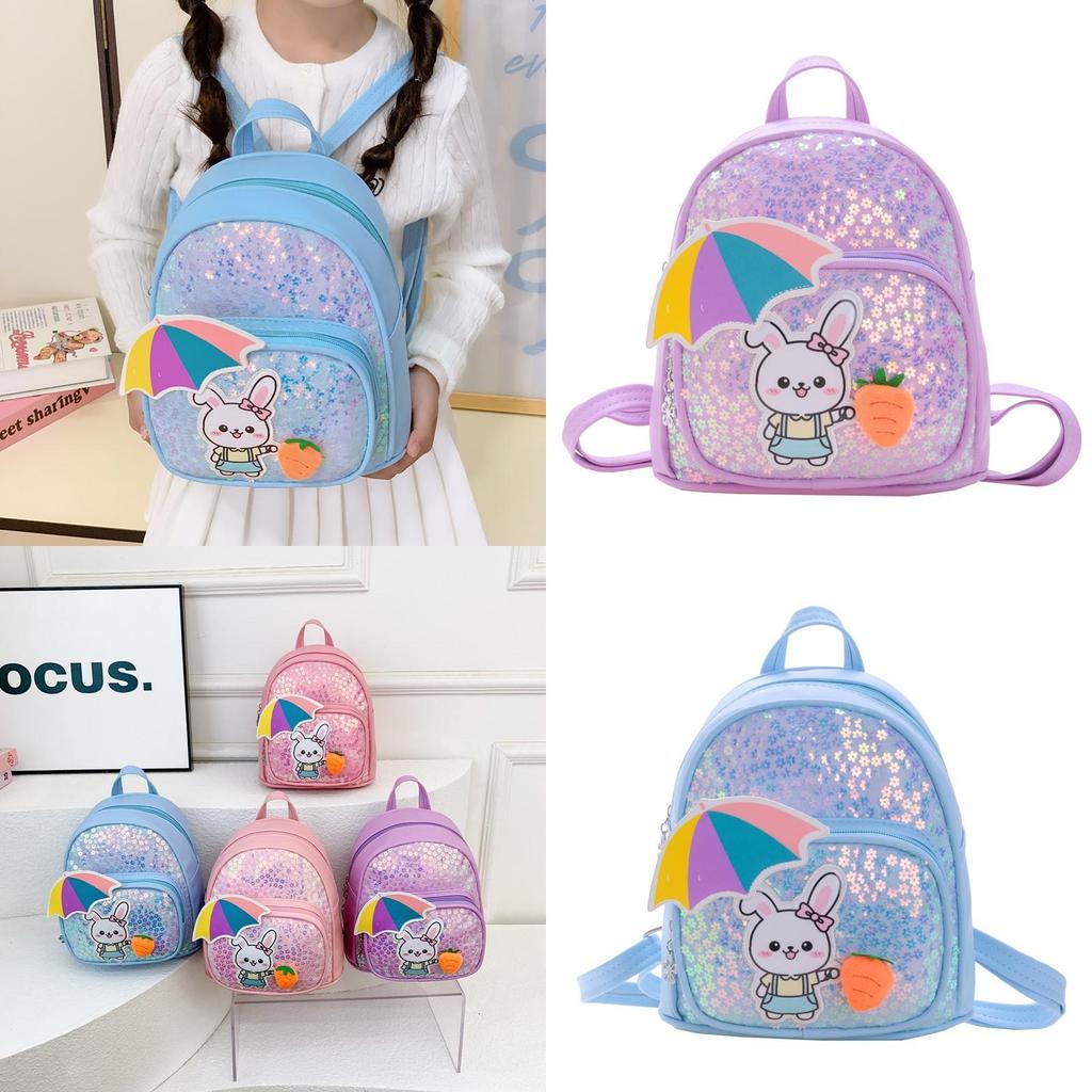 Girl Boy Cartoon Kids Backpack With Shiny Sequin Rabbit Decor For Educational Use