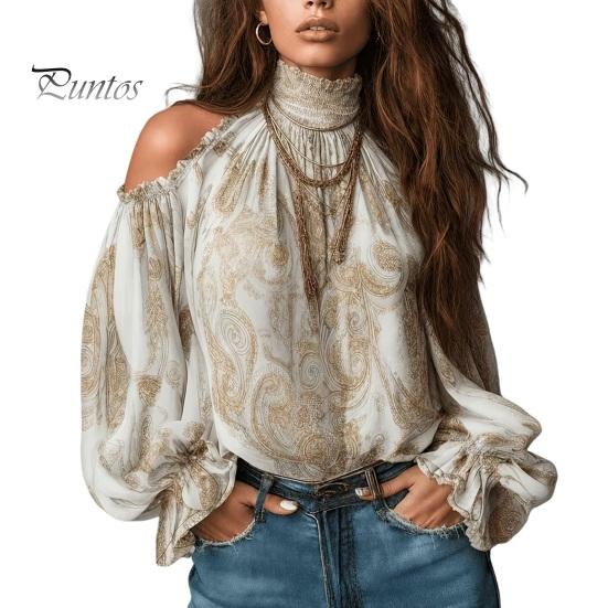 Casual Ruffle Top Women Fall Cold Shoulder Shirt, Vintage Ethnic Print High Shirts Collar Blouse, Lantern Sleeve Shirt S