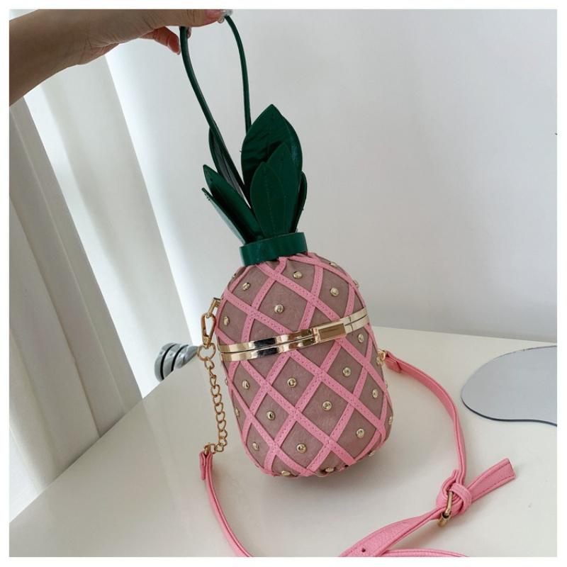 Nuova Borsa a Tracolla da Donna Personalizzata a Forma di Ananas Piccola Fresca per Ragazza Adolescente Singola Spalla Stile Straniero Intrecciata con Borchie e Catena Chiusura Borsa Rotonda