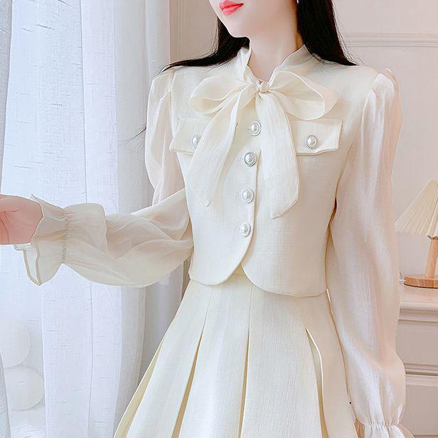 

French-Style Bowknot Jacket & Pleated High-Waisted Skirt Set for Women - Autumn Collection S (up to 95 jin)