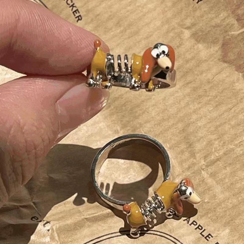 Y2K Cute Dog Ring Female Niche Design Spring Adjustable Ring for Girl Creative Open Rings Personality Zircon Accessories Gift