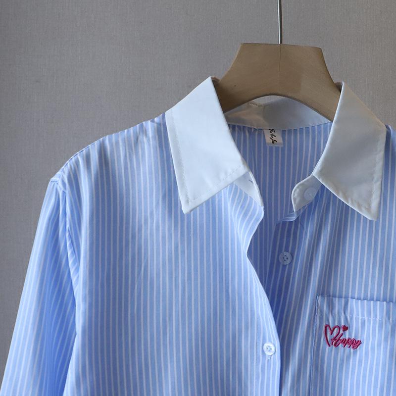 Korean Style Striped Embroidered Loose Long-Sleeve Women's Shirt - Hot Spring 2025 Trend