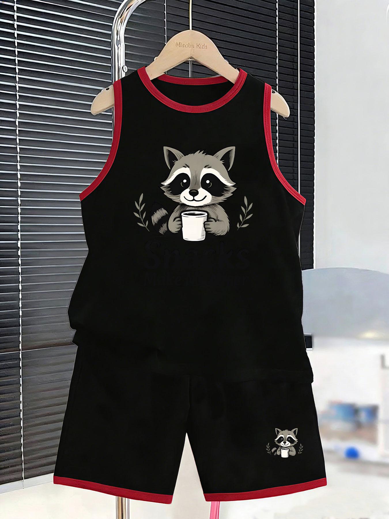 

Boys’ coffee raccoon set. Cute prints, breathable fabric, loose fit for trendy beach & daily wear. 2-3Y чёрный