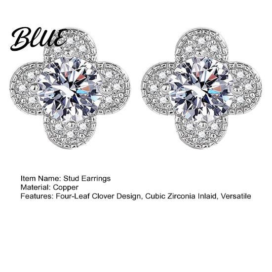 Women Earrings 1 Pair Stud Cubic Zirconia Inlaid Four-Leaf Clover