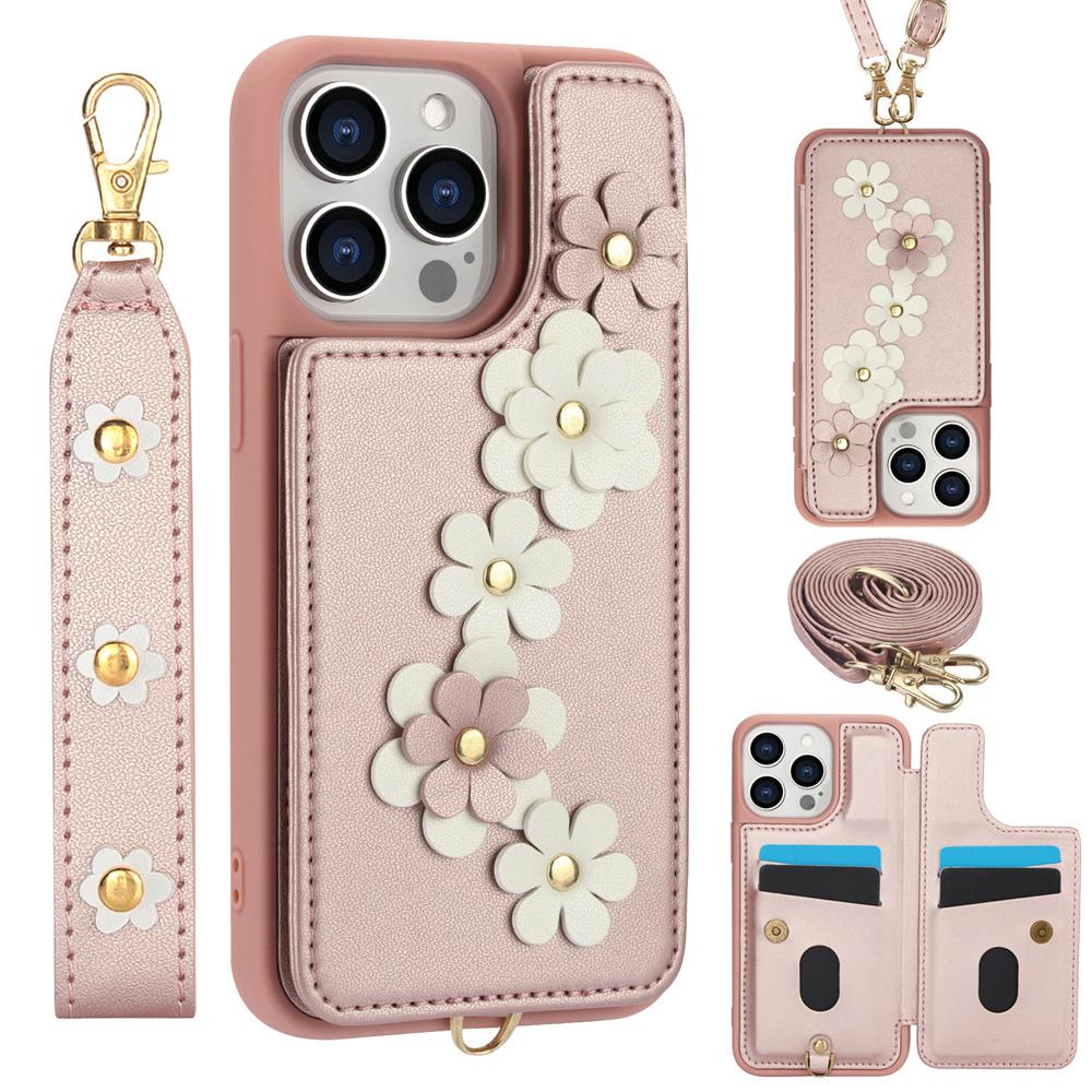 3IN1 Crossbody Rope Wrist Strap Flowers Leather Wallet Phone Case For iPhone 15 11 12 13 14 16 Pro Max X XR XS 7 8 Plus SE Cover