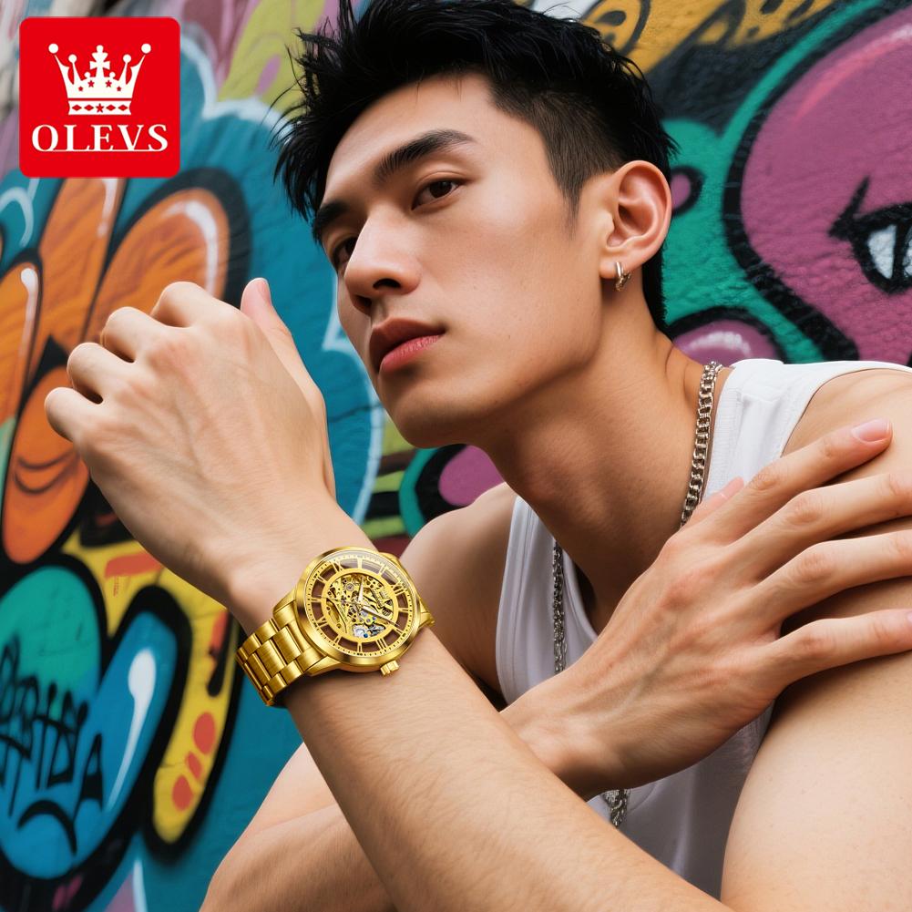 OLEVS 6728 Luxury Wristwatches For Man Luminous Skeleton Stainless Steel Strap Men's Sport Automatic Mechanical Men's Watches