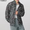 INCERUN Men Long Sleeve Print Patchwork Tassel Casual See Through Shirts