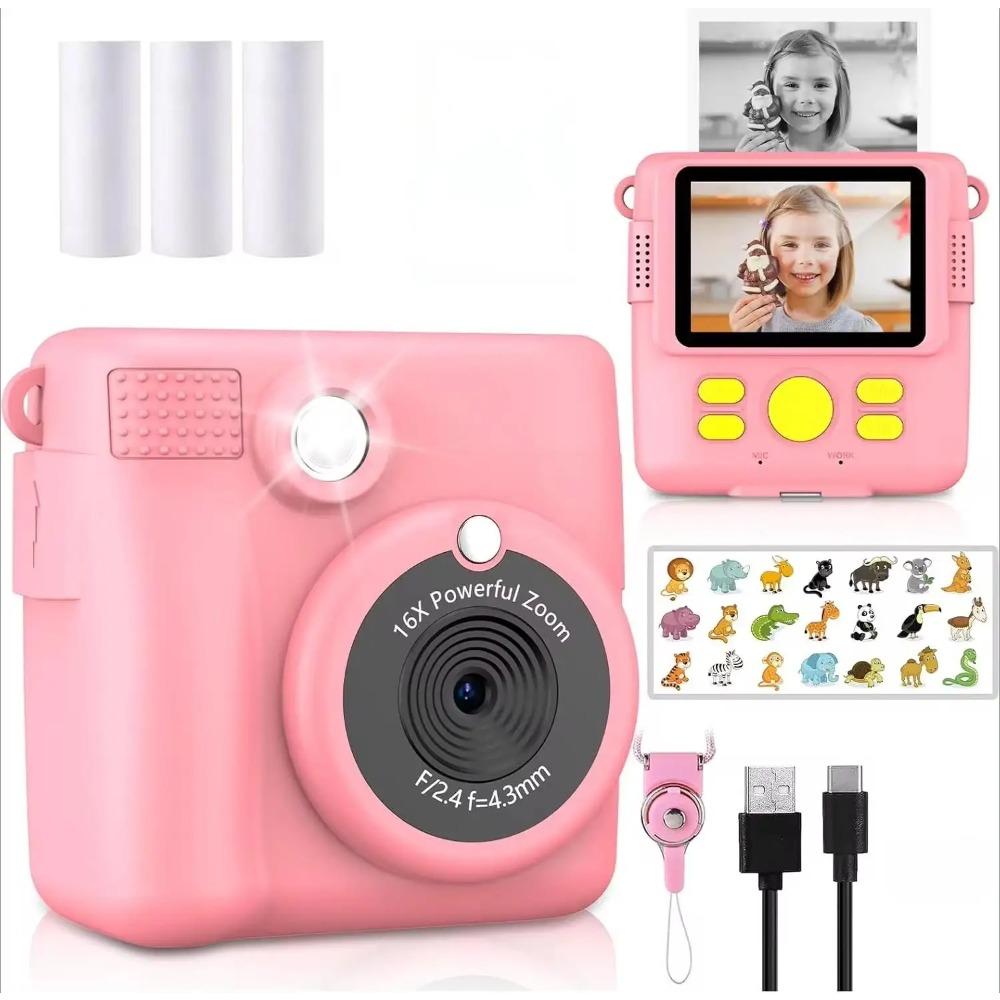 1080P HD Video Kamera Taşınabilir Anında Baskı Kamera Çocuklar İçin 3 Rulo Fotoğraf Kağıdı ve 32GB Kart ile Mükemmel Oyuncak Küçük Çocuklar