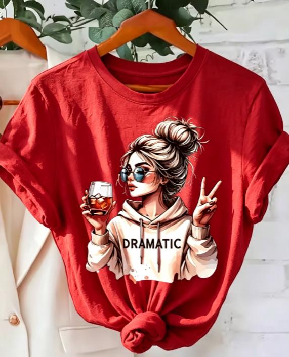 DRAMATIC 1pc Women' S Fashion Print Round Neck Short Sleeve T Shirt Casual and Comfortable for Daily Wear Trendy Print Combine