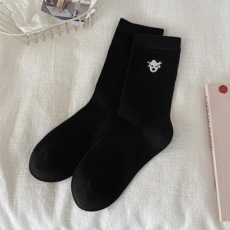 White Puppy Socks for Women In Autumn and Winter, Solid-colored Cotton Socks, Cute Cartoon Embroidered Boneless Mid-calf Socks for Women