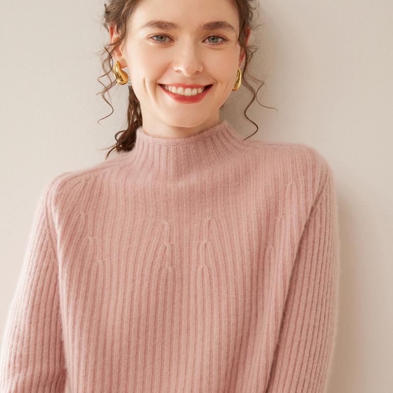 Women's Slim-Fit Ribbed Cashmere Sweater - Half-High Neck Knit Top for Autumn and Winter