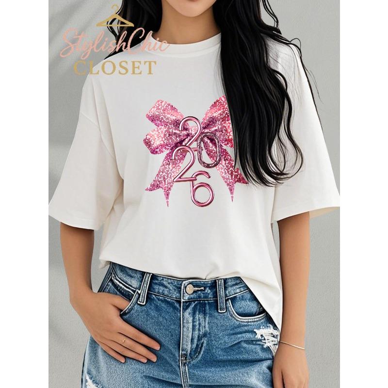 Женская футболка Женская однотонная свободная футболкаПодарок Унисекс Стиль Розовый блестящий бант 2026 Печатная женская футболка Повседневная мода S