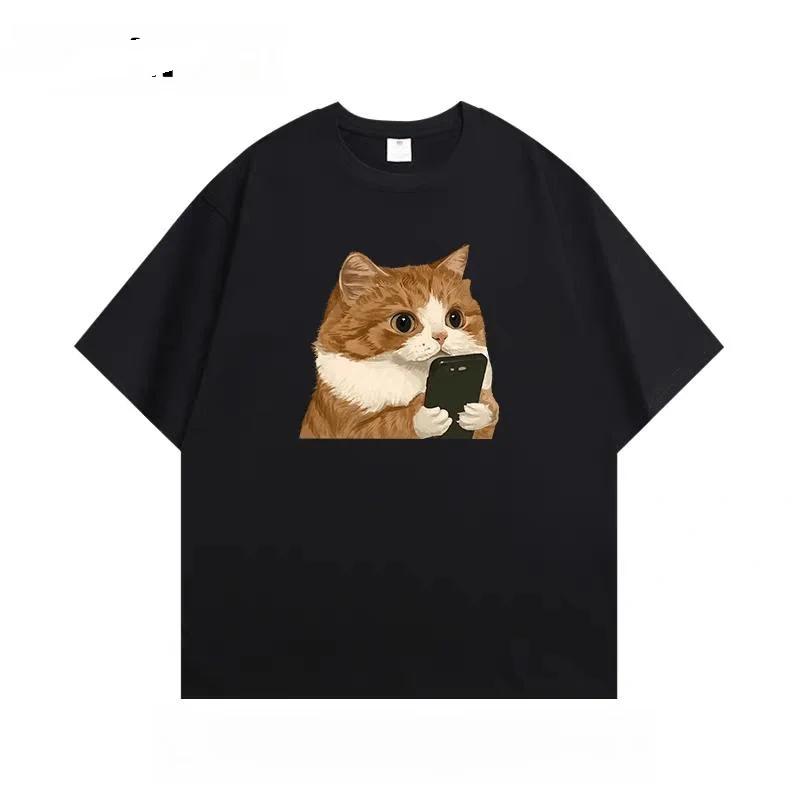 

Cute Cats Playing The Phones Print Women T-shirt Short Sleeve Crew Neck Casual Top for Summer Women s Harajuku Casual Clothing S