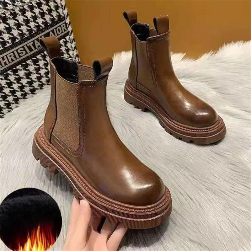 Neue Verdickte Kurze Stiefel, Dicksohlige Einzelstiefel und Schaftstiefel für Damen mit Fleece-Schuhen