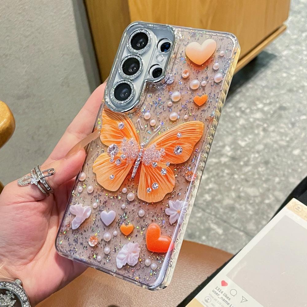 Sparkling Diamond Butterfly Pearl Pattern Case For Samsung S26 Ultra S25 S24 Plus S23 Ultra Soft Bling Glitter Silicone Cover