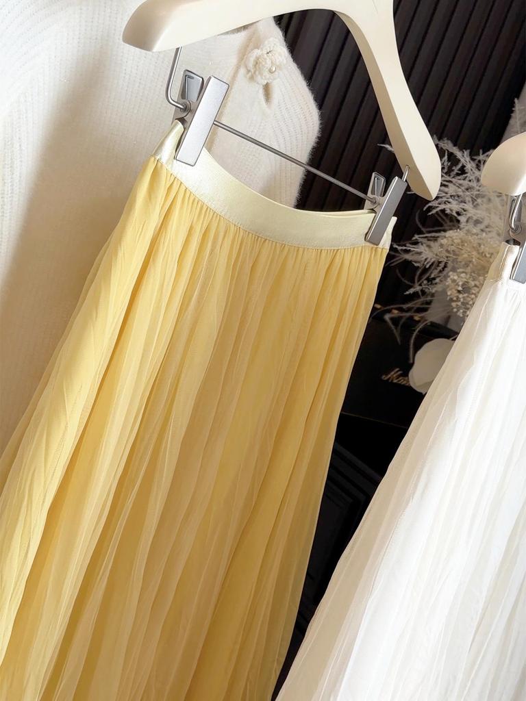 Elegant Versatile High-Quality A-Line Pleated Mesh Skirt for Women - Mid-Length Fairy Style