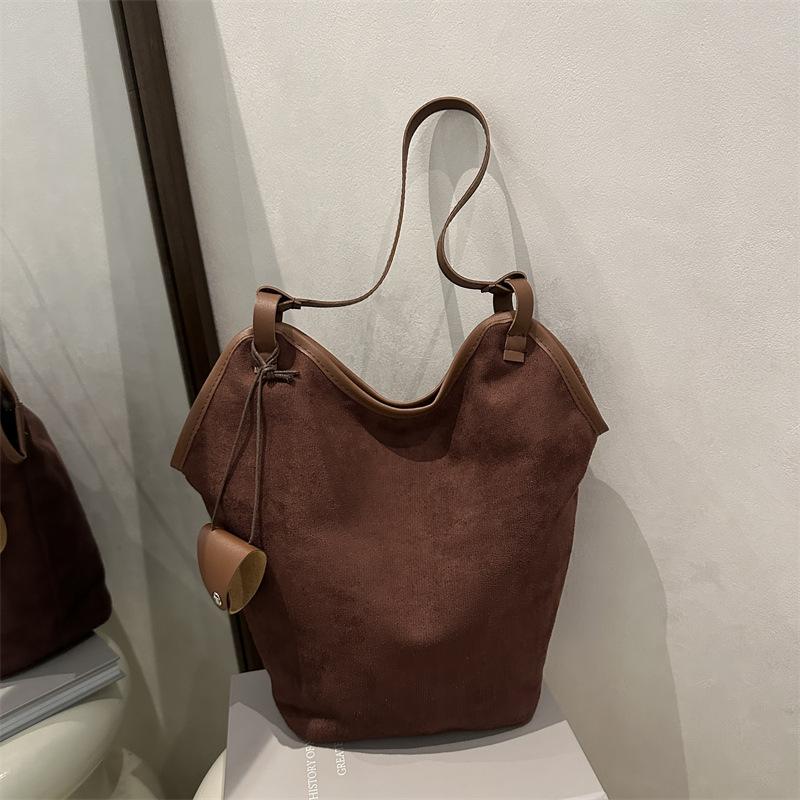 Vintage Women's Suede Shoulder Bags Solid Color Simple Ladies Large Capacity Casual Tote Autumn Portable Female Bucket Handbags