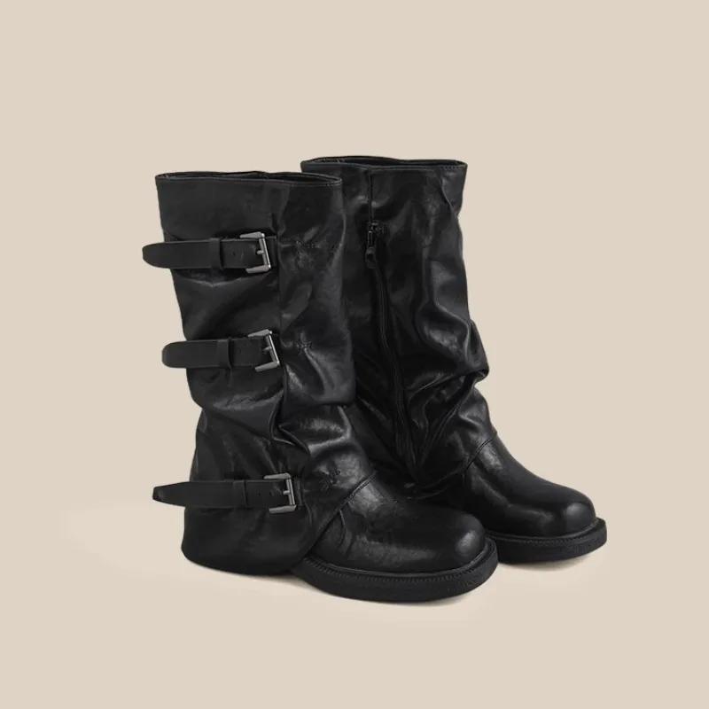 Fashion Women's Boots Belt Buckle Design Mid Calf Boots High Quality Casual Leather Botas Classic Black Fashion Boots for Women
