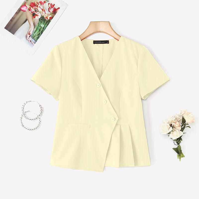 

ZANZEA Женская летняя блузка с V-образным вырезом, однотонная, повседневная, с коротким рукавом 5XL абрикосовый