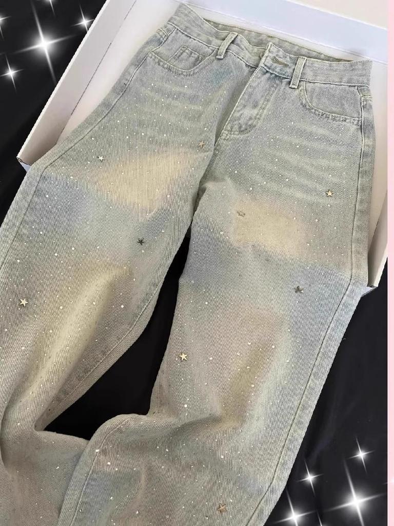 Women's 2025 Light Blue Rhinestone High-Waisted Wide-Leg Jeans