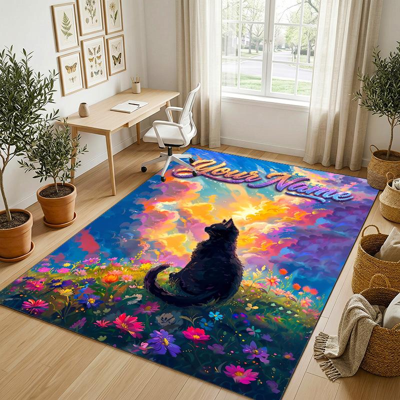 Cat Theme Crystal Velvet Rug Personalized Custom Name Text Soft Floor Mat Home Decor