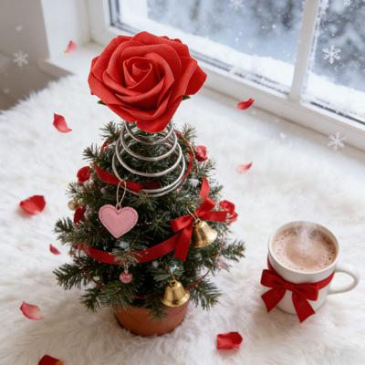 Valentine's Day Tree Topper Red Rose Tree Topper with Spiral Wire Base Romantic Rose Ornament for Mini Trees Decoration Holiday Party Home Decor