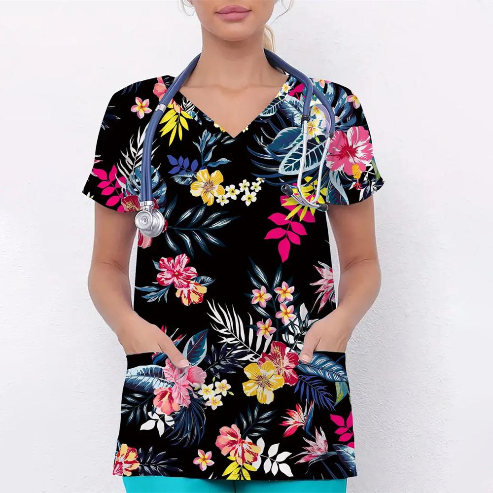 Scrubs Medical Uniforms Woman Fashion Floral Print Dental Nurse Tops V-Neck Short Sleeve Patch Pocket Tees Nurse Uniform Woman