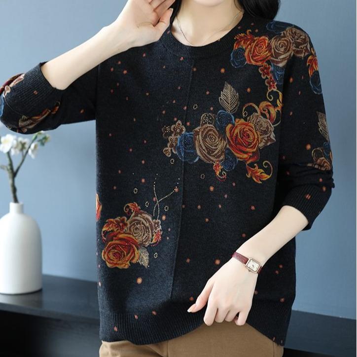 Women's Printed Wool Sweater Loose-Fit Crew Neck Plus-Size Sweater Autumn and Winter Warm Soft Stretchy Knit Top