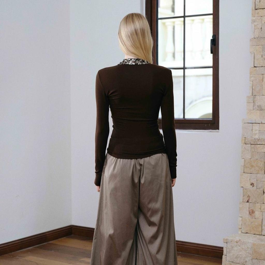 Vintage Patchwork Sequin T-shirt Long Sleeve Sexy Slim Coffee 2000s Clothes Y2k Autumn Tops Tees Female Clothing T Shirt