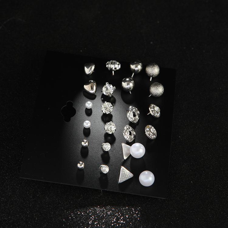 European and American Metal Earrings Set, 12 Pairs of Square Zircon Earrings, Heart-set Diamond Earrings