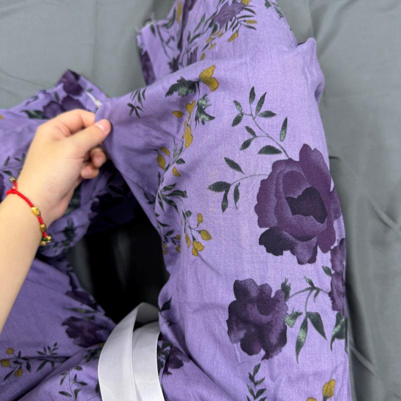 Damen-Blumen-Baumwoll-Seiden-Pyjama - Große Größen, Sommer, Leicht, Für draußen, Gerades Bein, Lockerer Schnitt