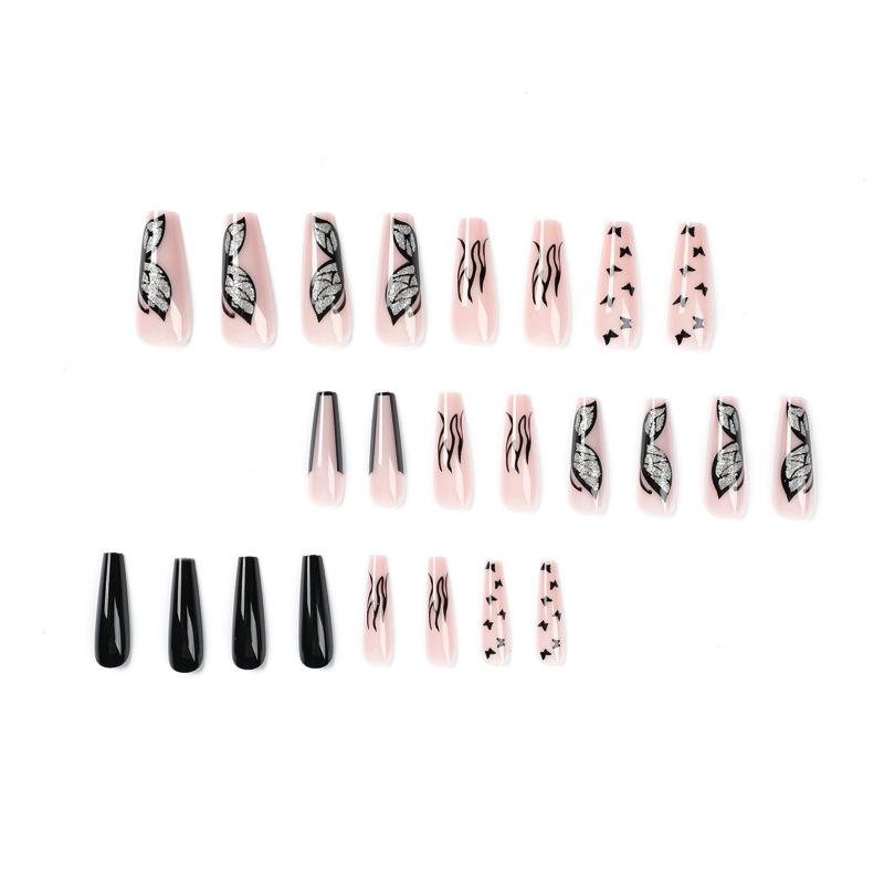 24Pcs/Set Quick Nails Black Butterfly Flame False Nials Sticker Wearable Waterproof Manicure Finished Nails