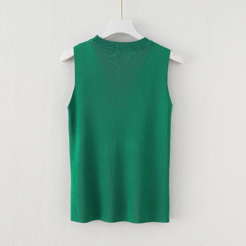 Women Summer New Round Neck Beading Tank Tops Elegant Slim Fit Knitted Casual Base Female Sleeveless Tanks Vest Simple Sweet Fashion Lady Camis 3115