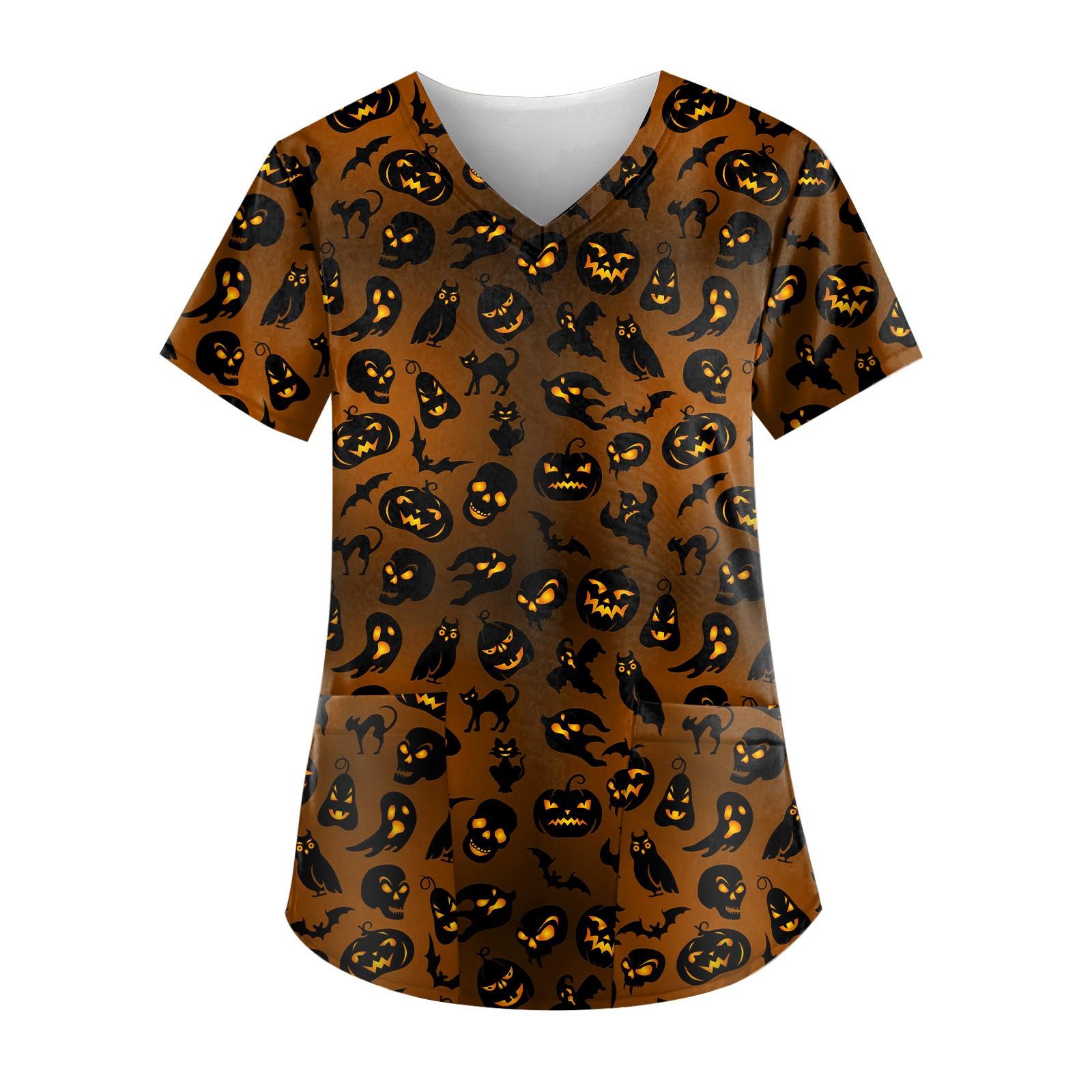 

(SU)Женские топы с короткими рукавами и v-образным вырезом с принтом на Хэллоуин, рабочая блузка с карманами, рубашки, униформа