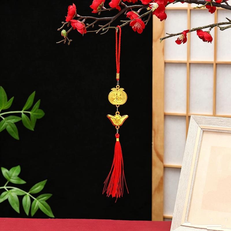 Chinese Lucky Fu Gold Ingot Hanging Ornaments Handwoven Tassel Auspicious Decor for Home New Year Celebration Gift