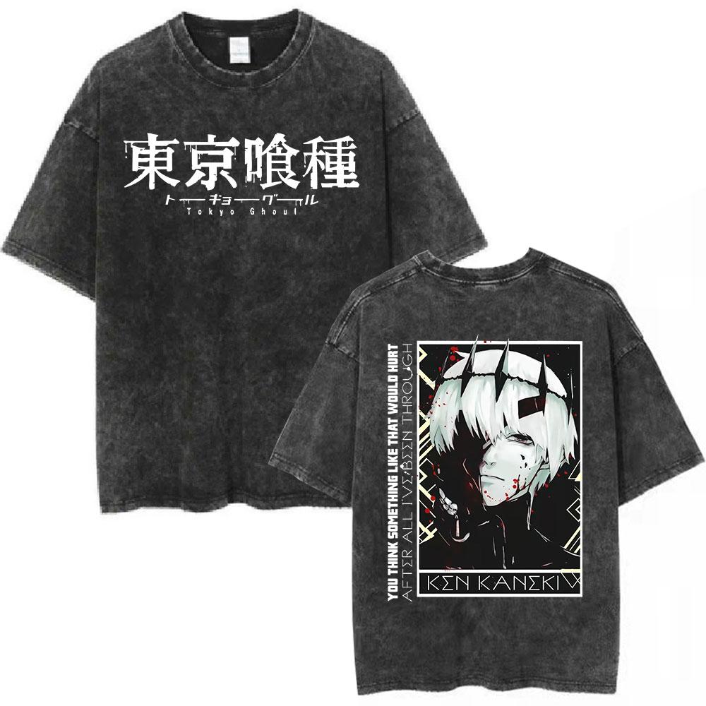 Vintage Washed Anime Tokyo Ghoul Spider Lily T Shirt Manga Cool Ken Kaneki Eyes Tshirts Gothic Short Sleeve T Shirts
