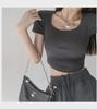 Damen Koreanischer Stil Slim Fit Weiter U-Ausschnitt Crop Top - Unifarben, Kurzarm, Oversized, Sommer Layer.