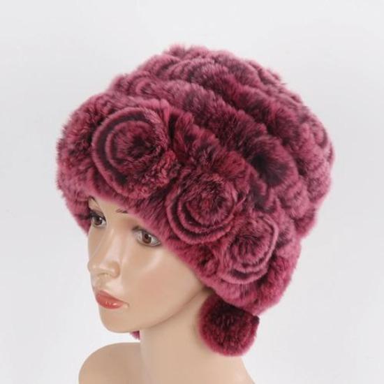 Hot Sale Winter Women Flowers Striped Natural Real Rex Rabbit Fur Hats Lady Warm Knit Genuine Fur Caps Russian Outdoor Fur Hats