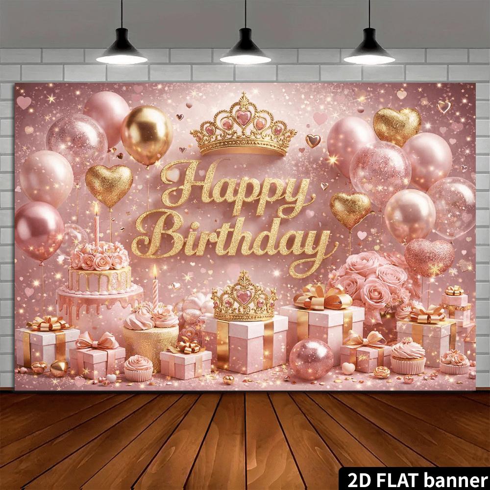 2D flat flour gold crown birthday party backdrop fabric - double crowns and multi-layer cake theme